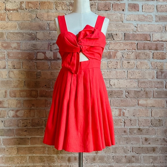 BNWT ASOS Tomato Red Linen Bow Dress - Picture 2 of 12